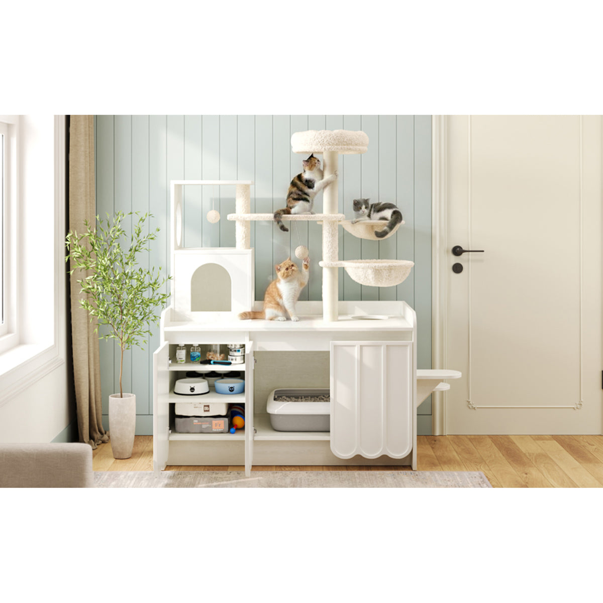 variant-group:rf-n704p443505k|Roomfitters All-in-One Modern Multi-Level Cat Tree Tower Condo with Hidden Litter Box Enclosure Space White