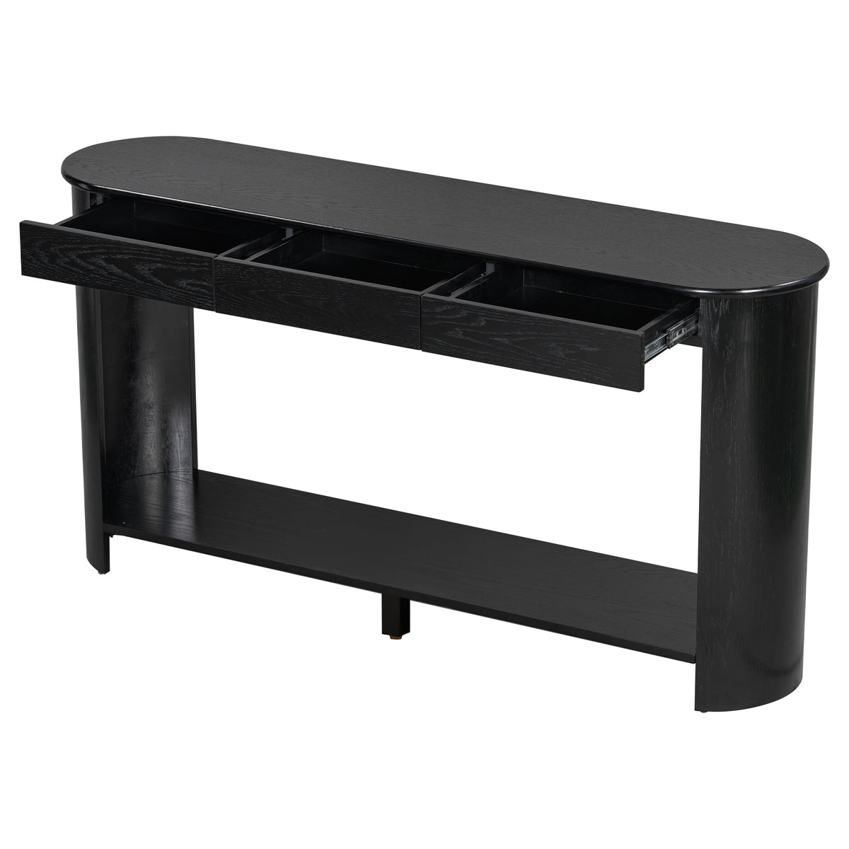 variant-group:rf-n711p395523b|Roomfitters Modern Farmhouse Black Oak Veneer Semi-Circular Console Table with 3 Drawers and Open Bottom Storage Shelf