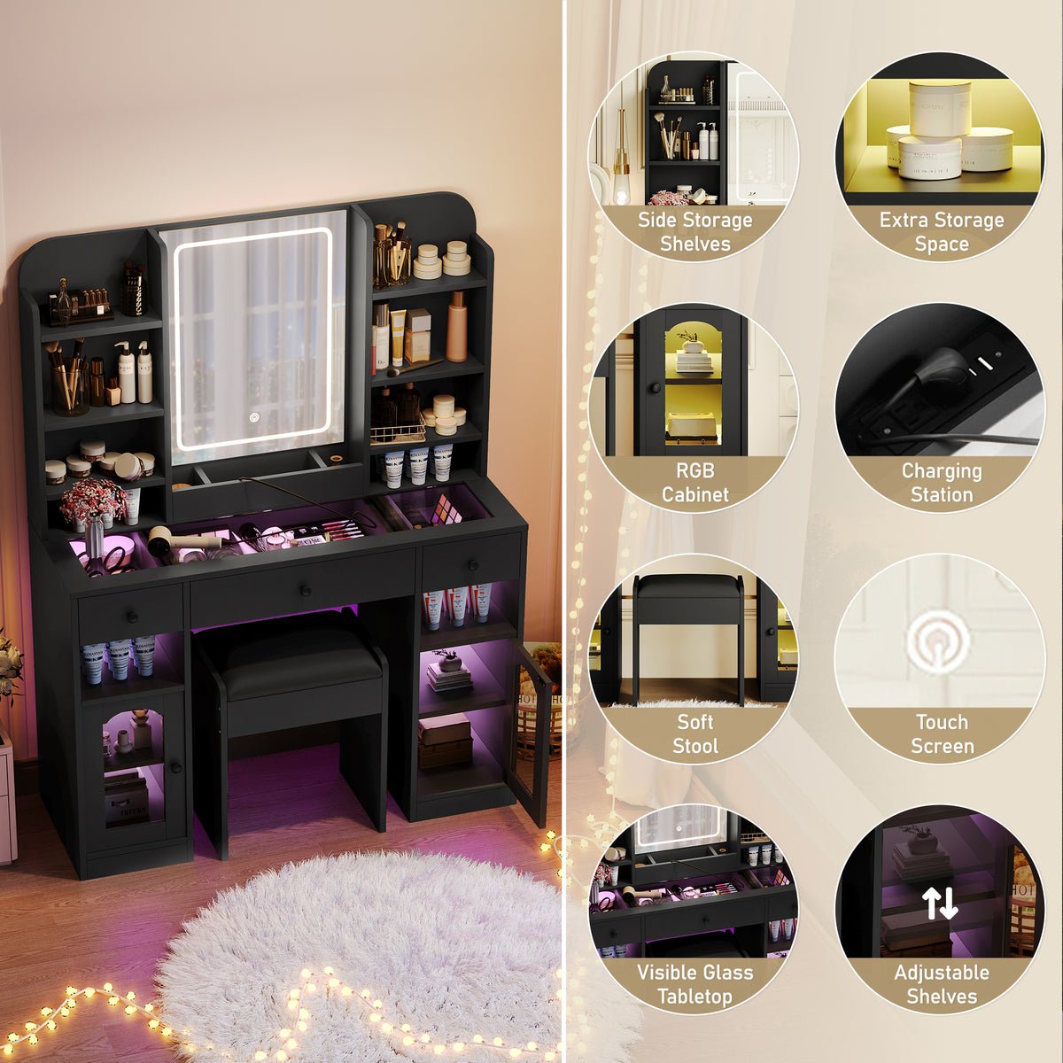 variant-group:rf-n704p407114b|Roomfitters 43.2" Makeup Vanity Desk with LED Lighted Mirror, Glass Door Cabinets, Charging Station and Stool, Black