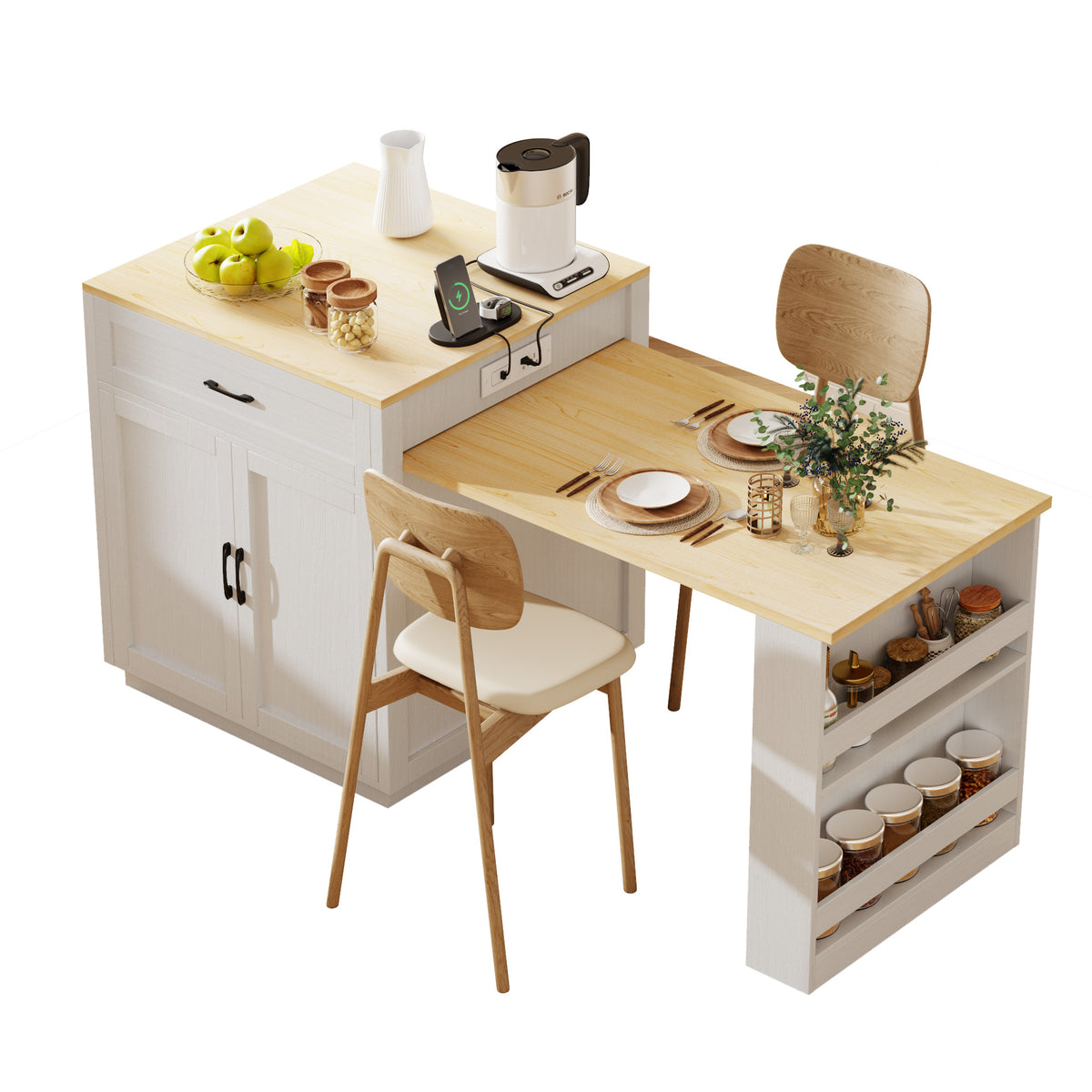variant-group:rf-n707s000010w|Roomfitters 82.7" Kitchen Island with Extendable Table, Two-Tone Design, Double Storage, Power Outlet, White