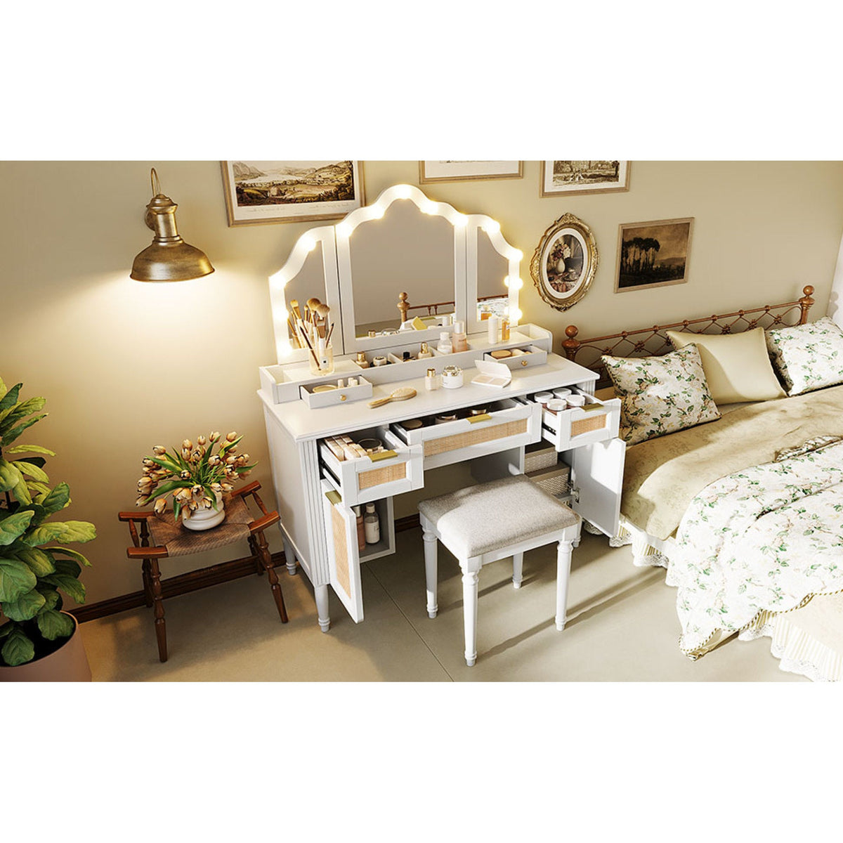 Roomfitters 44.37" Makeup Vanity with Lighted Tri-fold Mirror, French Vintage Rattan Dressing Table, Drawers and Stool, White Roomfitters
