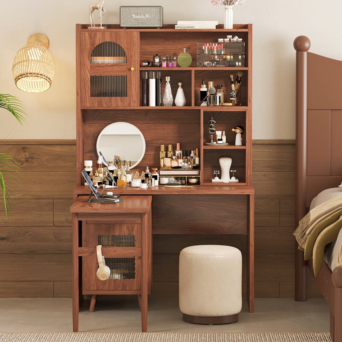 variant-group:rf-n733s363716d|Roomfitters Rotating L-Shaped Computer Desk with Shelves and Storage, 90° Swivel Office Writing Desk, Walnut