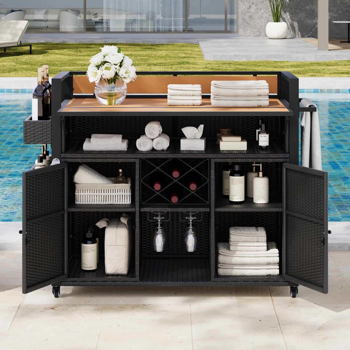 variant-group:rf-n707p233747b|Roomfitters 52.8" Wicker Outdoor Grill Cart with Plastic Wood Table, Rolling Island with Storage Cabinet, Double Handles, Black Brown