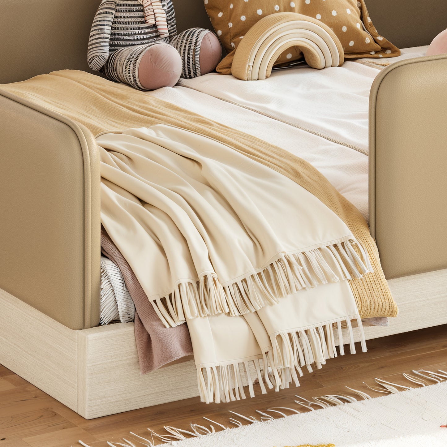 variant-group:rf-w1580s00670|Roomfitters Full Size Upholstered Floor Bed Frame with Removable Guardrails, Faux Leather Low Profile Platform, Brown