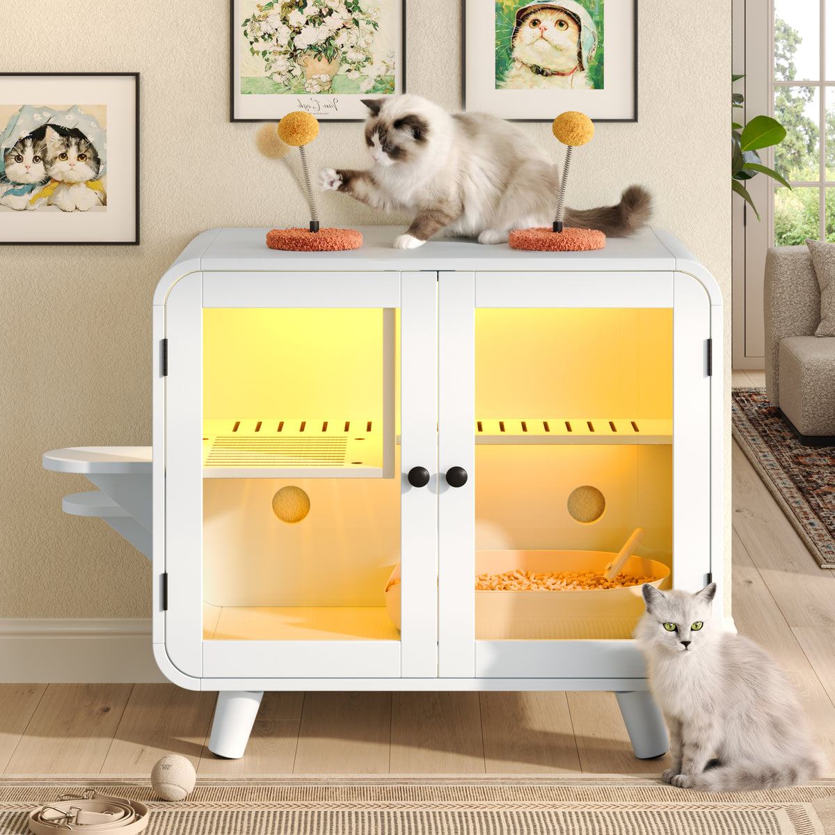 variant-group:rf-n704p419240k|Roomfitters Retro TV-Style Hidden Cat Litter Box Enclosure with App Controlled RGB LED Lights and Stairs White