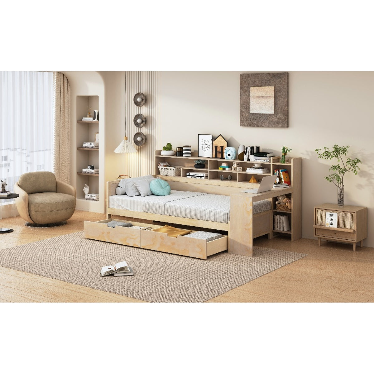 variant-group:rf-n733s241484m|Roomfitters Wooden Twin Size Daybed with Storage Shelves, Multi-functional Bed with Two Storage Compartments and Study Desk, Natural