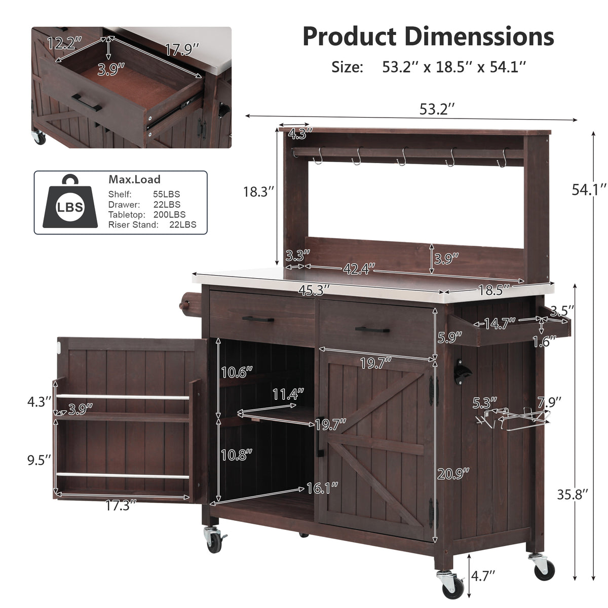 variant-group:rf-n707p409087z|Roomfitters 54.1" Grill Cart, Outdoor Kitchen Prep Station with Stainless Steel Top and Propane Tank Storage, Dark Brown