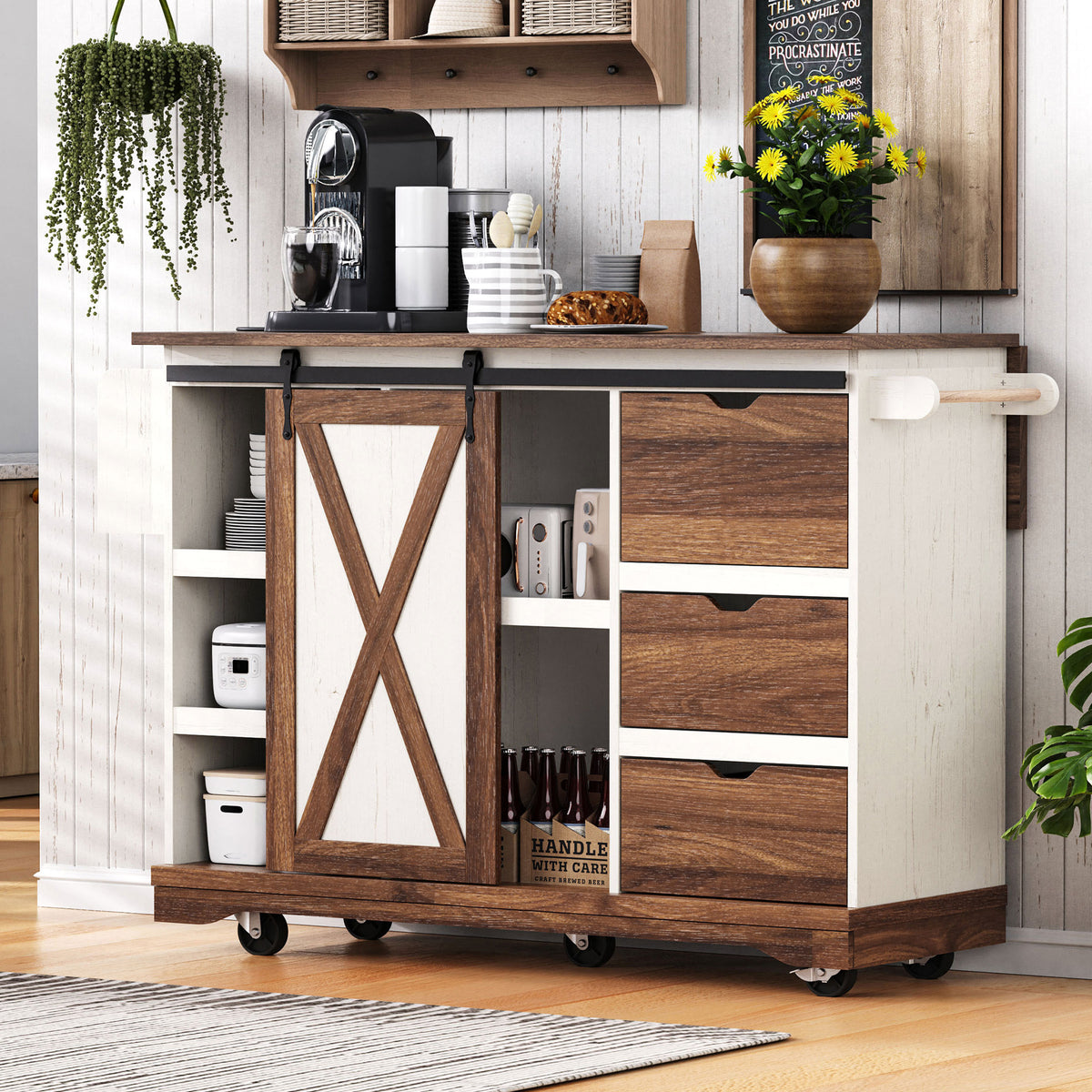 variant-group:rf-n707p288229w|Roomfitters 55.5" Rolling Kitchen Island with Drop Leaf, Mobile Kitchen Storage Cart with Sliding Barn Door, Power Outlets, White