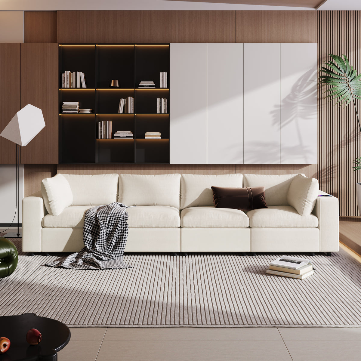 variant-group:rf-n711wy000413aaa|Roomfitters Upholstered Modular Sofa with Storage Space, USB Charging Ports, Wireless Charging, Built-in Bluetooth Speaker, Sectional Sofa for Living Room and Apartment, Beige