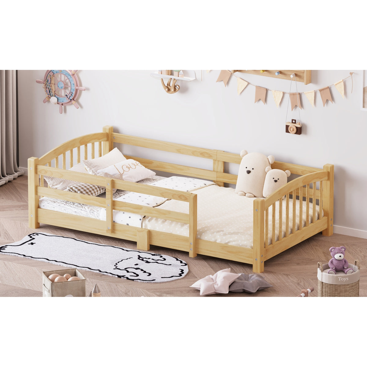 variant-group:rf-n733p400298n|Roomfitters Twin Montessori Floor Bed with Guardrails, Solid Wood Low Platform Bed with Slats, Easy Assembly, Natural