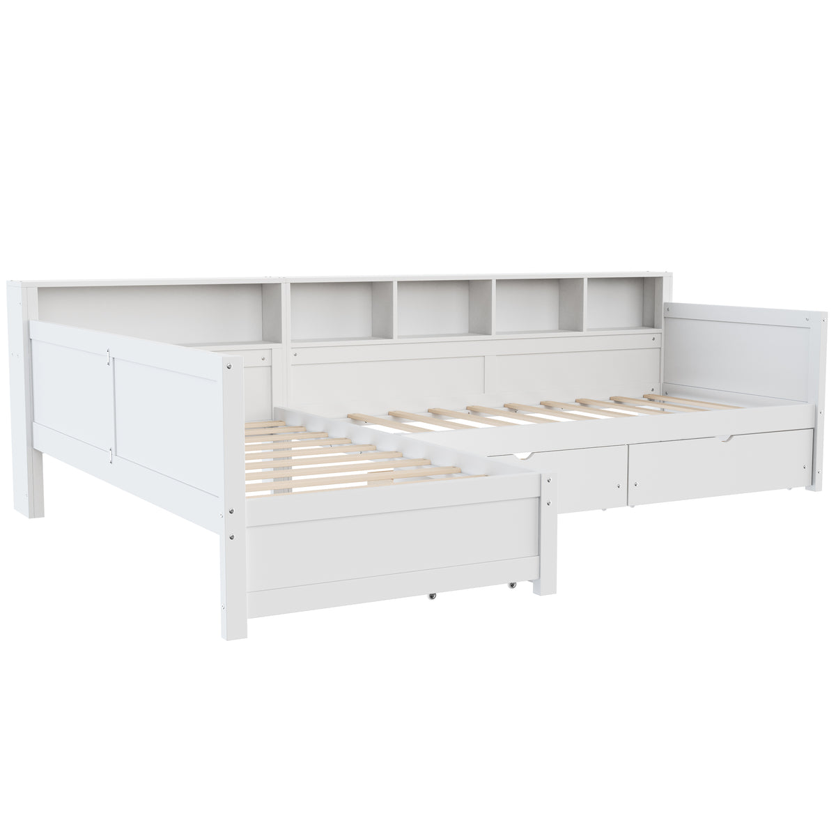 variant-group:rf-n733s369272k|Roomfitters Twin L-Shaped Daybed for 2 with 3 Storage Drawers, Wooden Corner Bed Frame with Bookshelf for Bedroom, White