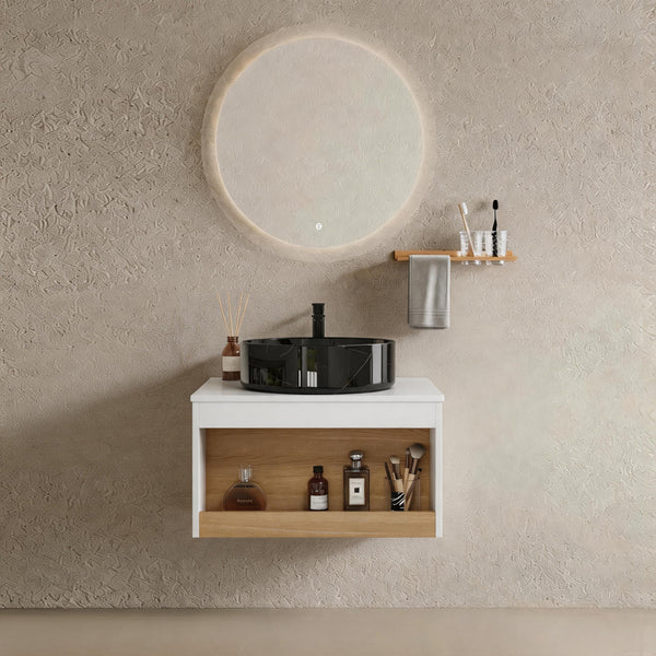 24" Floating Bathroom Vanity with Black Marble Vein Vessel Sink, Wall-Mounted Vanity with Open Shelf Storage, White Finish with Wood Accent, Space-Saving Modern Design (Ships in 2 Boxes)