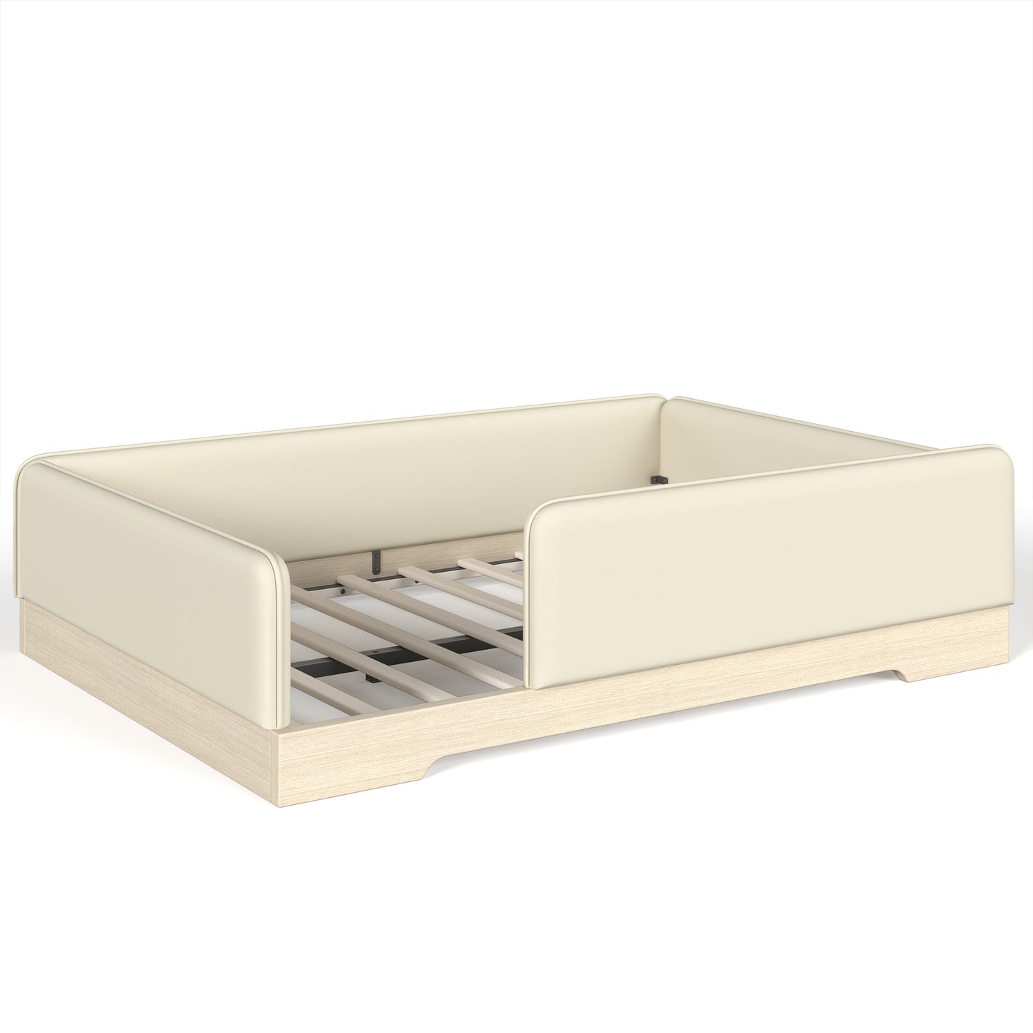 variant-group:rf-w1580s00671|Roomfitters Full Size Upholstered Floor Bed Frame with Removable Guardrails, Faux Leather Low Profile Platform, Beige