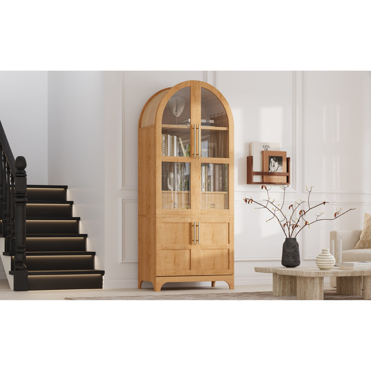variant-group:rf-n707s288969y|Roomfitters 71" Pantry Cabinet with Arched Top & Glass Doors, 4-Door Storage Hutch with Adjustable Shelves for Kitchen, Natural