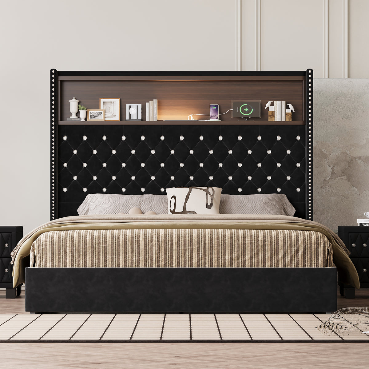 variant-group:rf-n733p367135b|Roomfitters Queen Velvet Tufted Platform Bed with Charging Ports, Tall Wingback Headboard with Rivet Trim and Shelf, Black