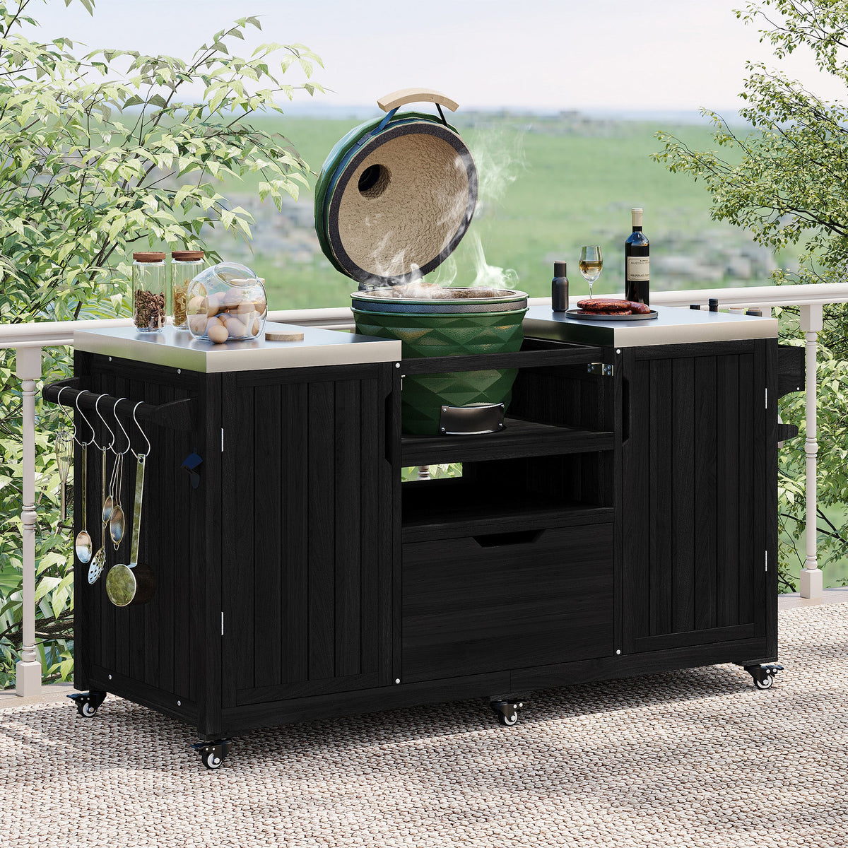 Roomfitters 66.5" Outdoor Grill Cart for Large Big Green Egg & Kamado Joe, Kitchen Island with Stainless Steel Top, Black