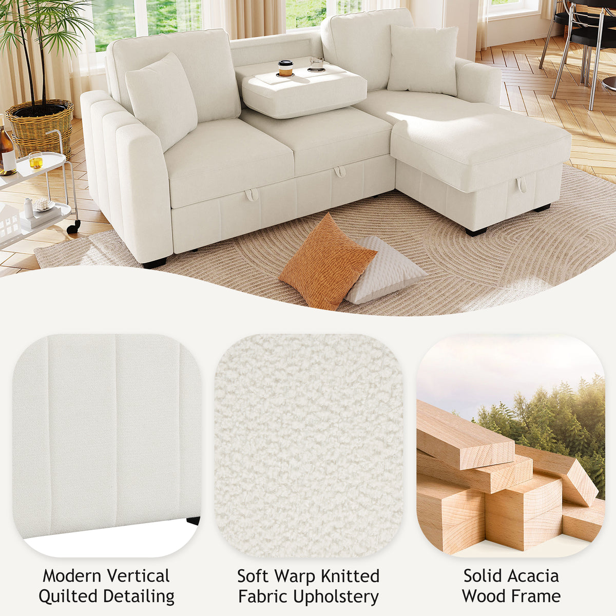 variant-group:rf-n711wy000467aaa|Roomfitters 90" L-Shaped Sectional Sleeper Sofa with Storage Chaise and Pull Out Bed, Fold Down Cup Holder Table, Beige