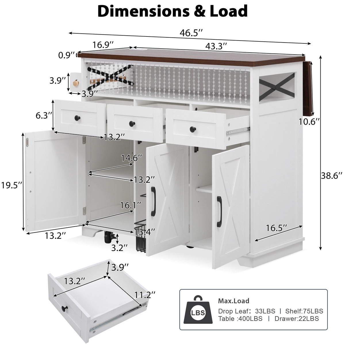variant-group:rf-n707p254872w|Roomfitters 46.5" Rolling Kitchen Island with Drop Leaf, Mobile Cart with 2 AC Outlets & USB, Beaded Drape & 3 Drawers, White