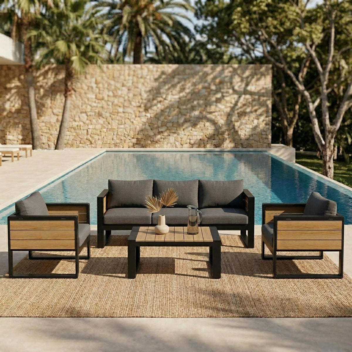 variant-group:rf-n704g201257e|Roomfitters 4-Piece Aluminum Patio Conversation Set with Four Fold-Out Side Trays and Slatted Coffee Table Gray