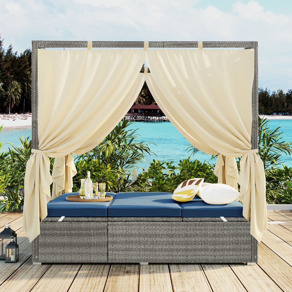 variant-group:rf-n711wy000471aac|Roomfitters Modern Tropical Dark Blue PE Rattan Outdoor Double Sun Lounger, Patio Daybed, Adjustable Recline, Canopy