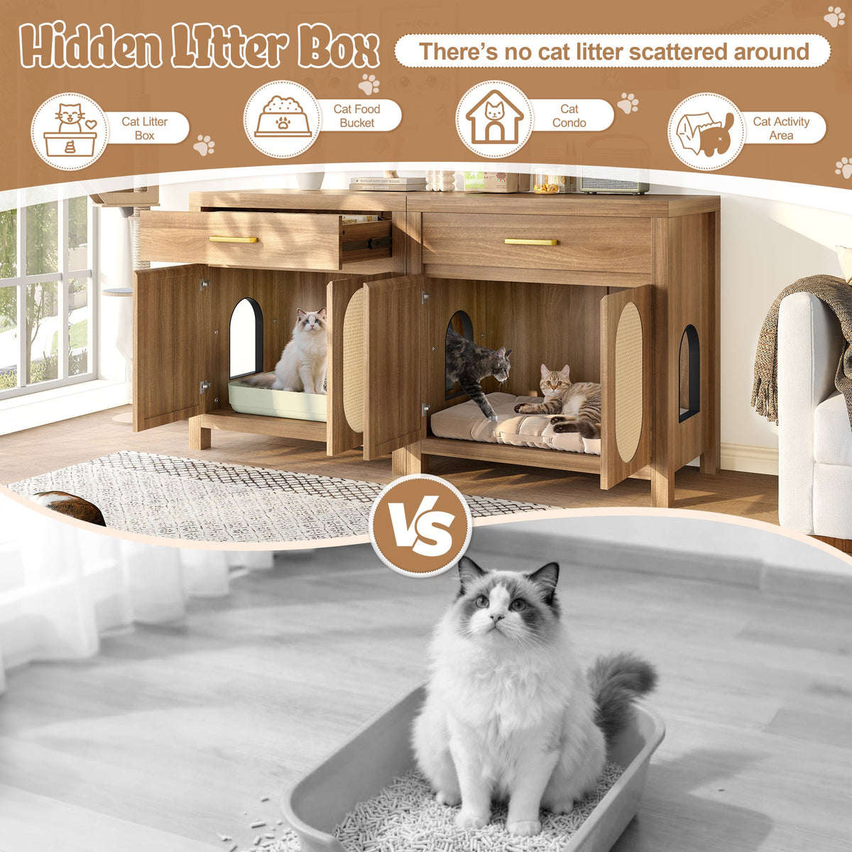 Roomfitters Espresso Cat Litter Box Enclosure End Table Nightstand with Sisal Scratching Pad Cabinet Doors Roomfitters