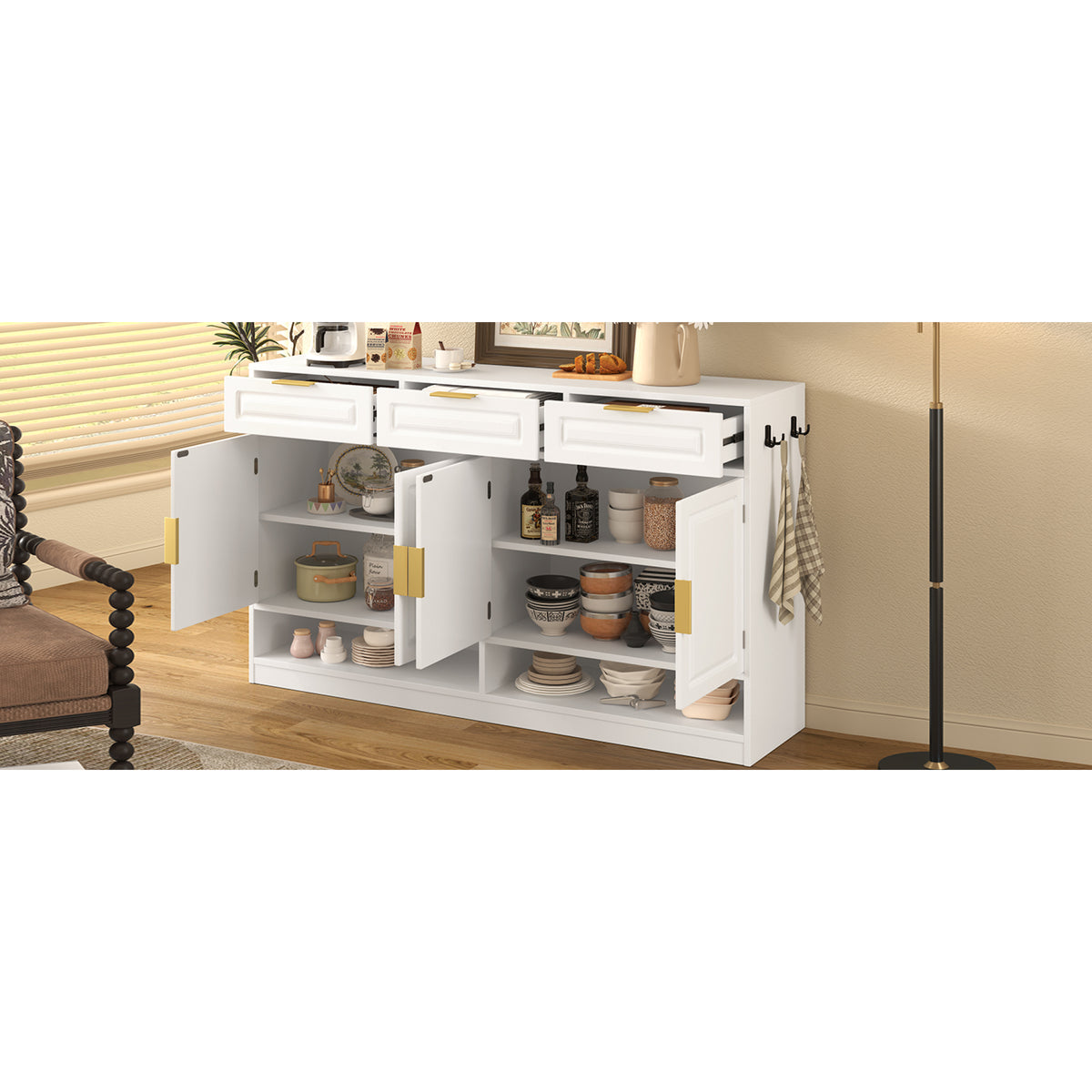 variant-group:rf-n711p345213k|Roomfitters 59.1" Farmhouse Sideboard Buffet Cabinet with 3 Drawers and 4 Doors, Kitchen Storage with Open Shelf, White
