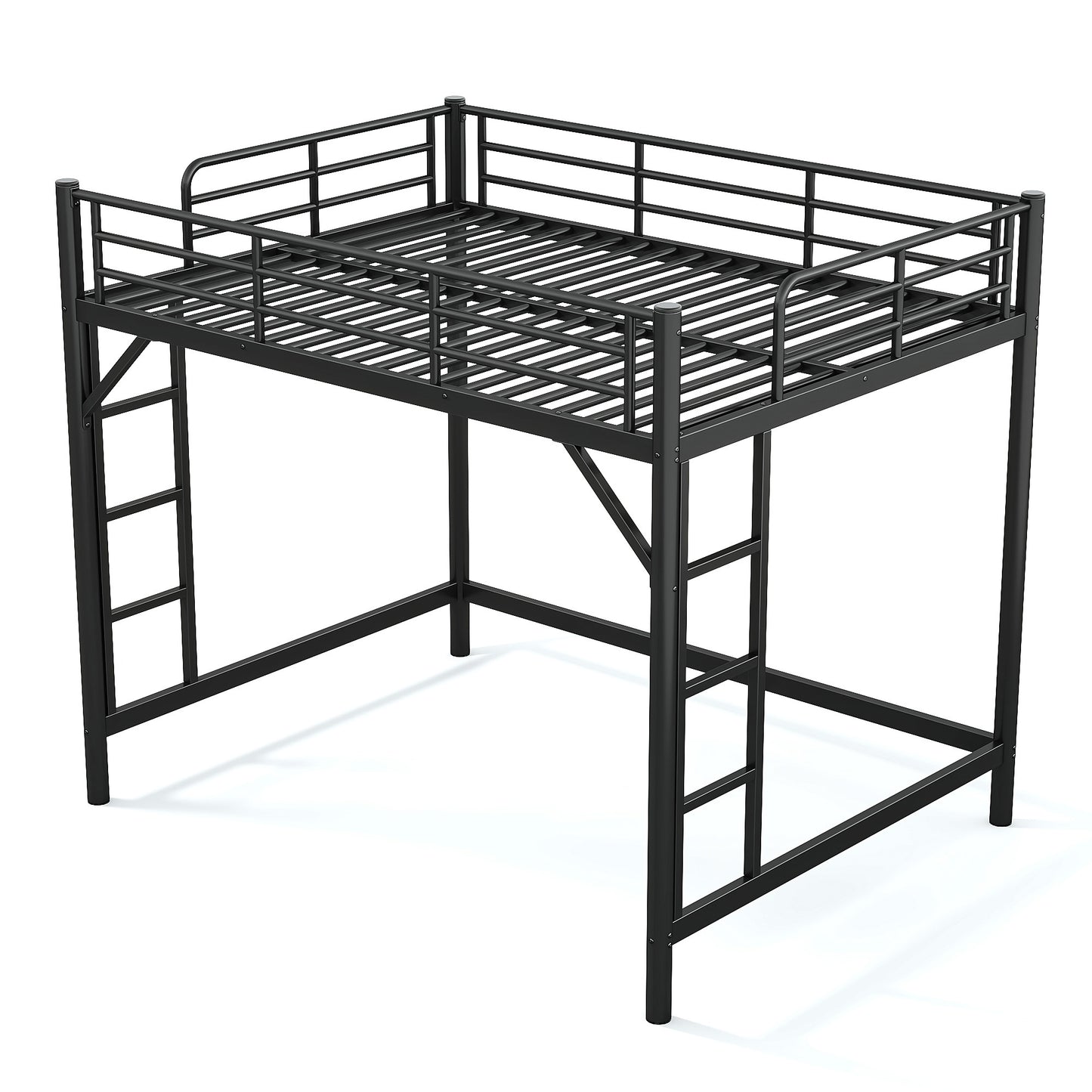 variant-group:rf-w1580p455017|Roomfitters Queen Size Metal Loft Bed Frame with Guardrails, Heavy Duty Space Saving High Loft Bed Dual Ladders, Black