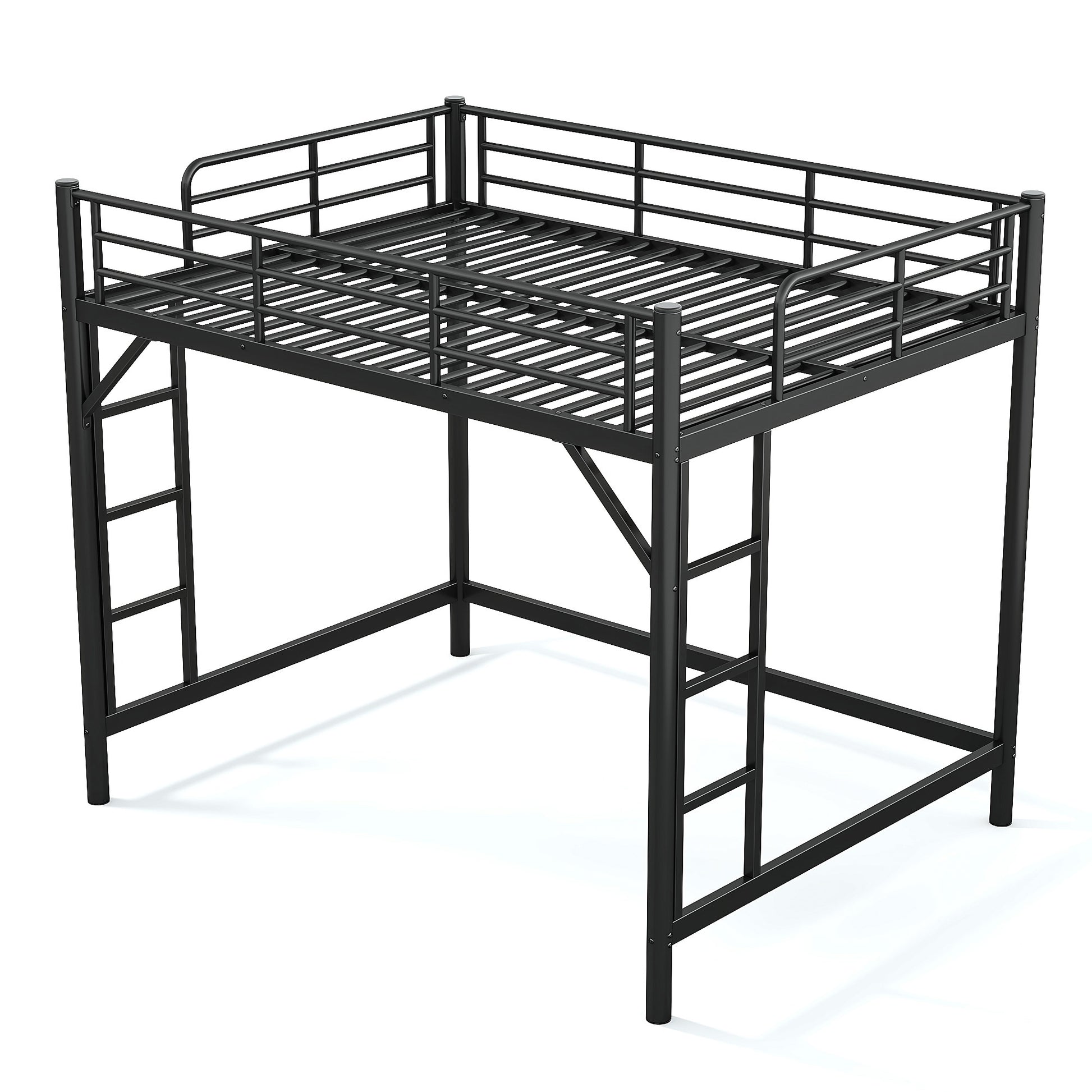 variant-group:rf-w1580p455017|Roomfitters Queen Size Metal Loft Bed Frame with Guardrails, Heavy Duty Space Saving High Loft Bed Dual Ladders, Black