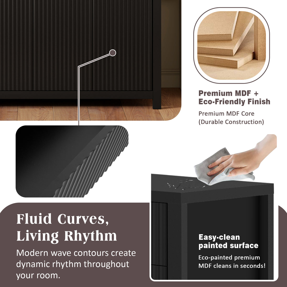 variant-group:rf-n711p269068b|Roomfitters Modern Sideboard Cabinet, Wave Pattern Storage Buffet with Adjustable Shelves, Accent Console, Black