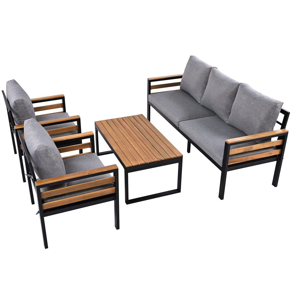 variant-group:rf-n704f201246e|Roomfitters 4-Piece Outdoor Patio Furniture Set with 3-Seater Sofa, 2 Armchairs and Coffee Table, Wood Accents, Grey