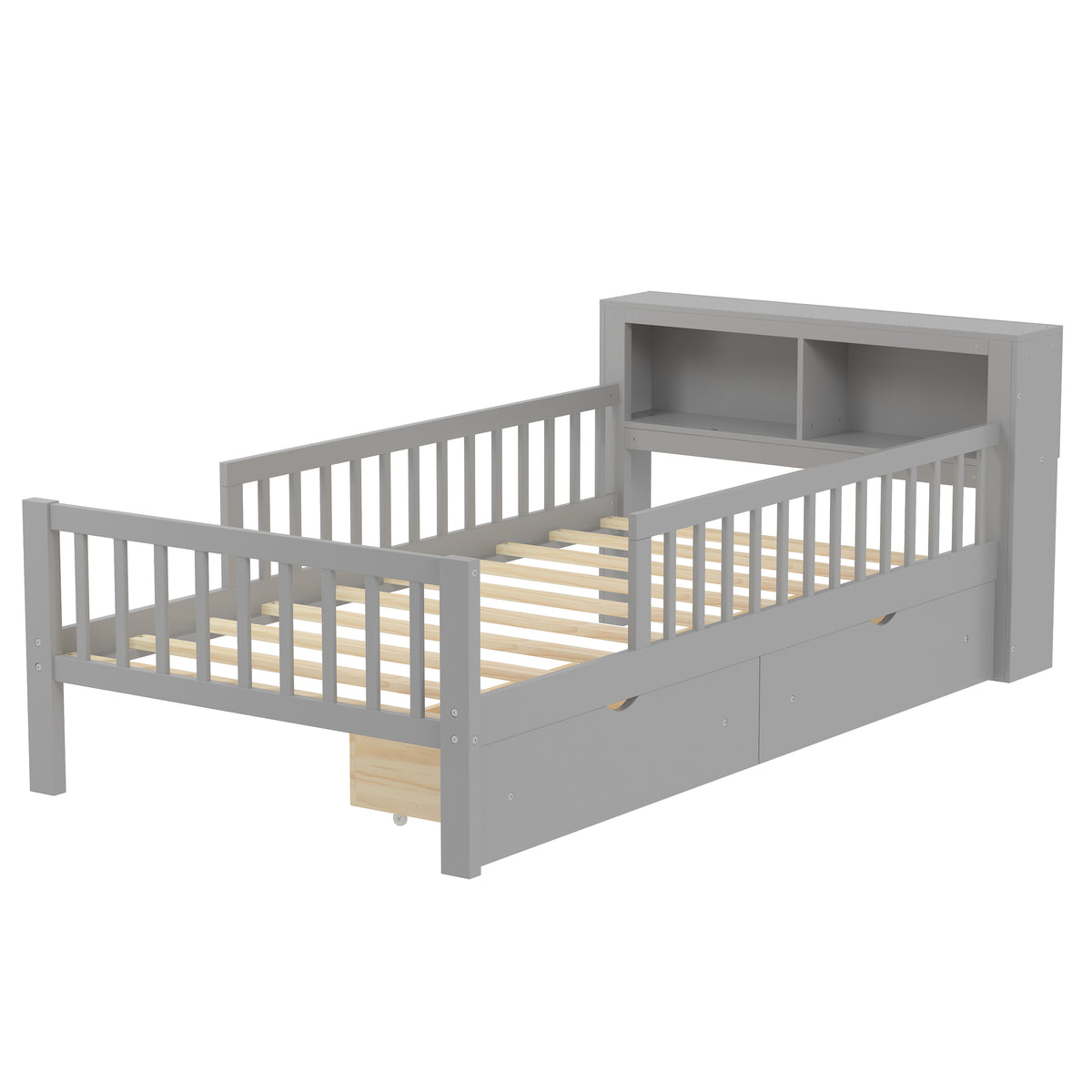 variant-group:rf-n733p272374e|Roomfitters Twin Bed with Headboard Storage Rack, Under-Bed Storage and Three-Side Guardrails, Gray