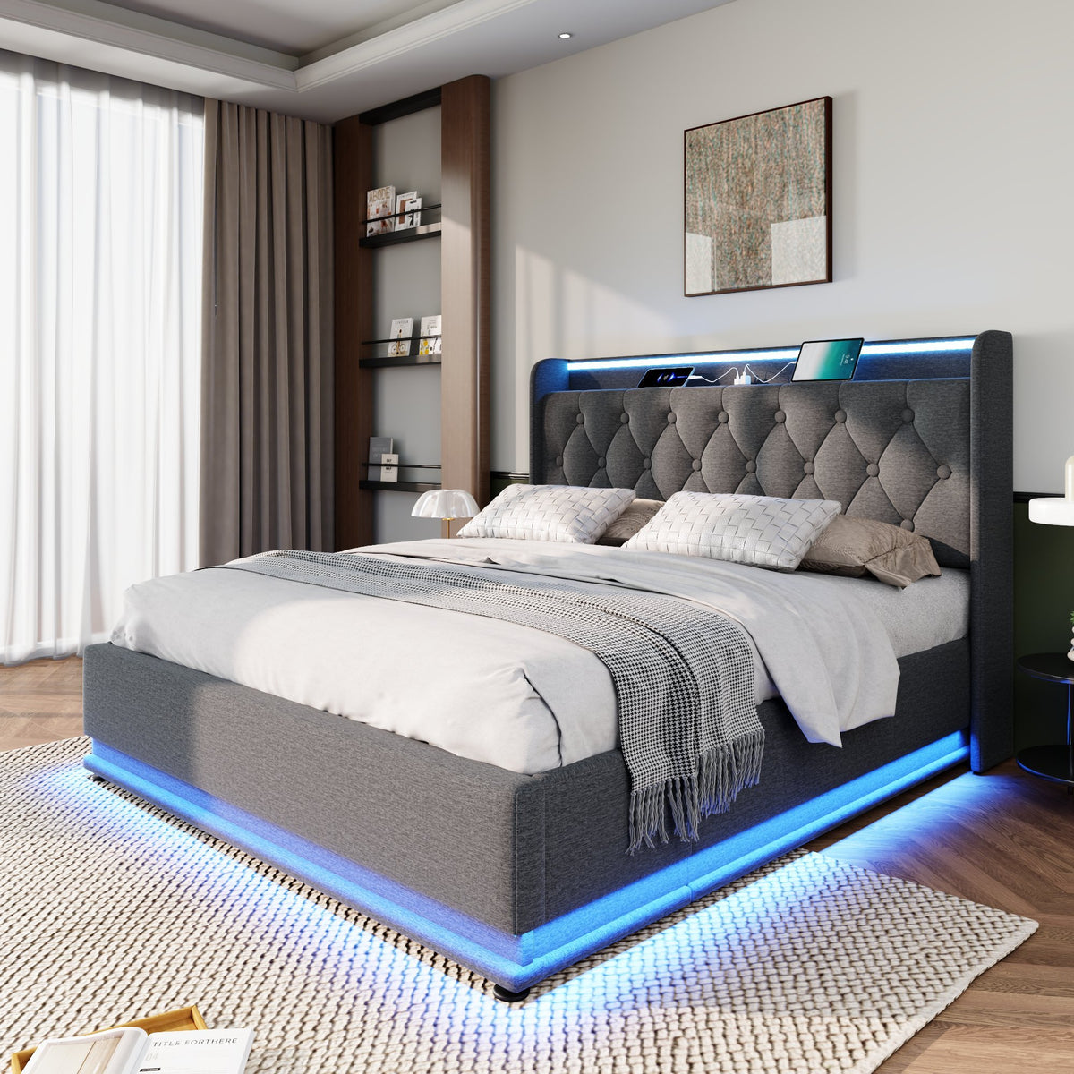 variant-group:rf-n736p188806g|Roomfitters Full Size Upholstered Storage Bed with USB Type-C Charging and Remote Control, Linen Gray