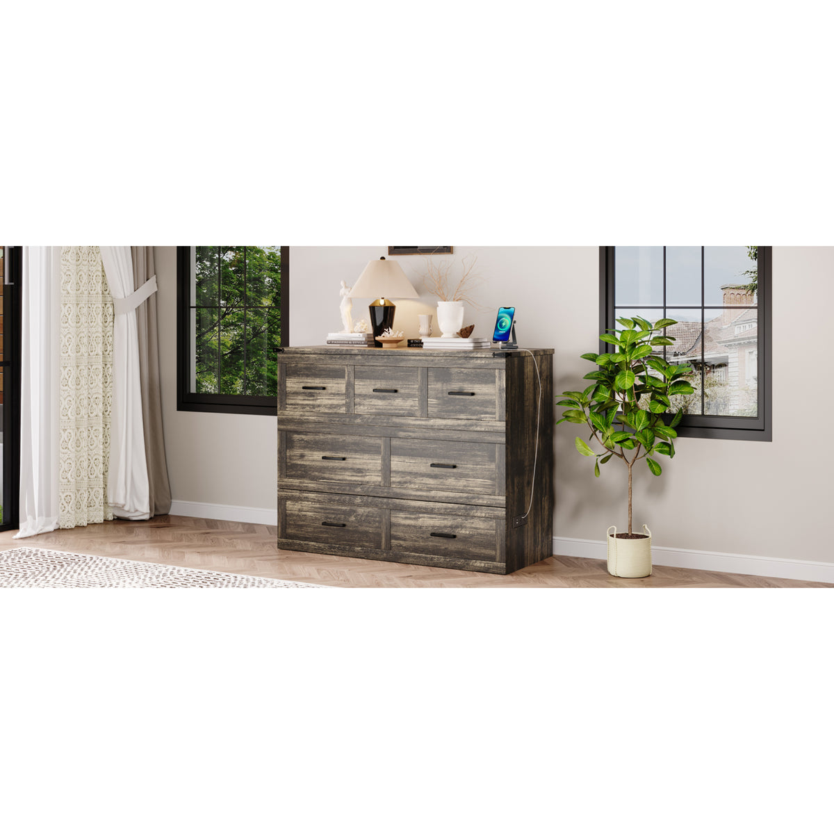 variant-group:rf-n733s293995g|Roomfitters Full Size Murphy Bed Cabinet with Charging Station, Foldable Platform Bed with Storage Drawer, Rustic Gray