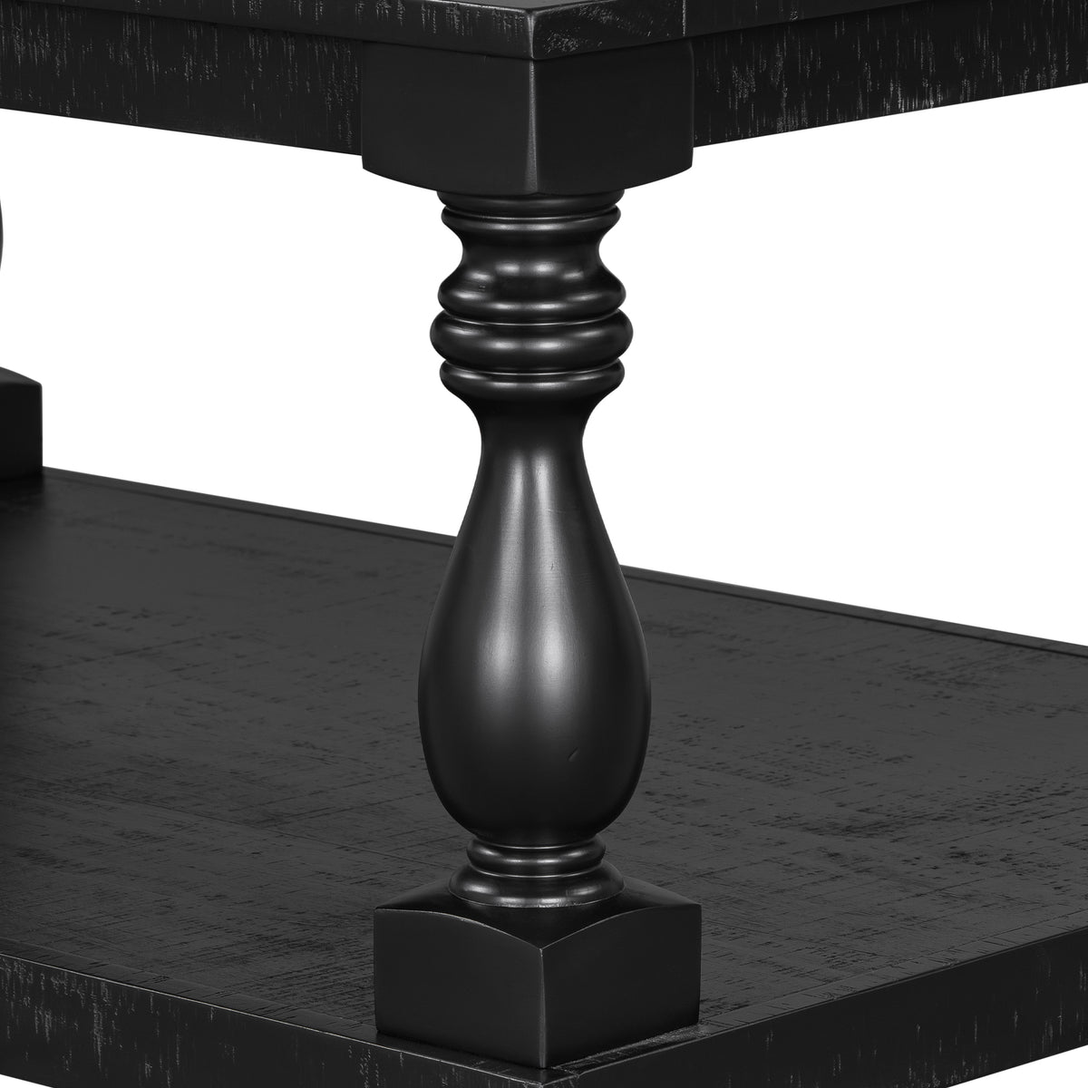 variant-group:rf-n711p407149b|Roomfitters Vintage Black Pine Wood Coffee Table, Sculpted Vase Column Leg Cocktail Table, Living Room Statement Stand