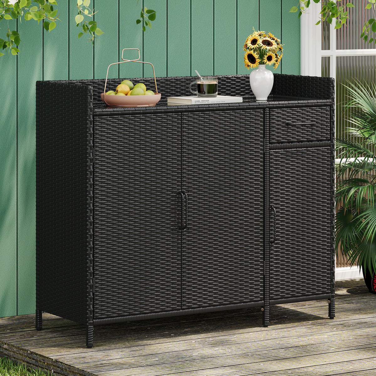 variant-group:rf-n707p233745b|Roomfitters 47.5" Wicker Outdoor Storage Cabinet, Rattan Bar Table with Glass Top, Adjustable Shelf, 3 Doors, Black Brown