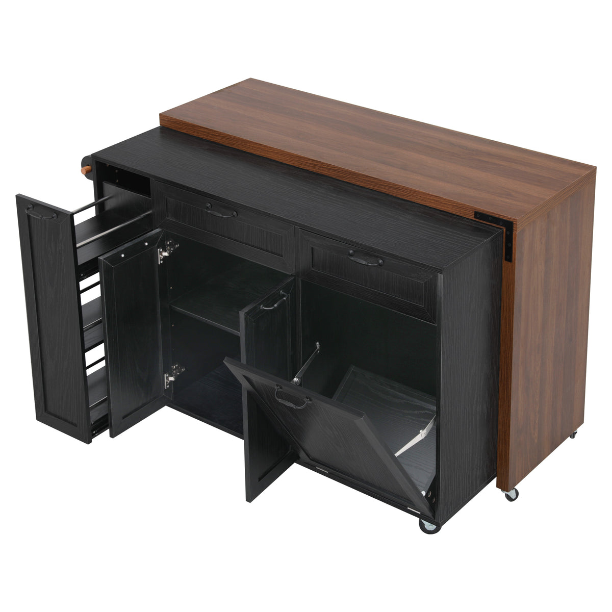 variant-group:rf-n707s000026b|Roomfitters 102.3" Kitchen Island with Tilt Out Trash Can Cabinet, Rolling Storage Cart, Slide-out Spice Rack, Black