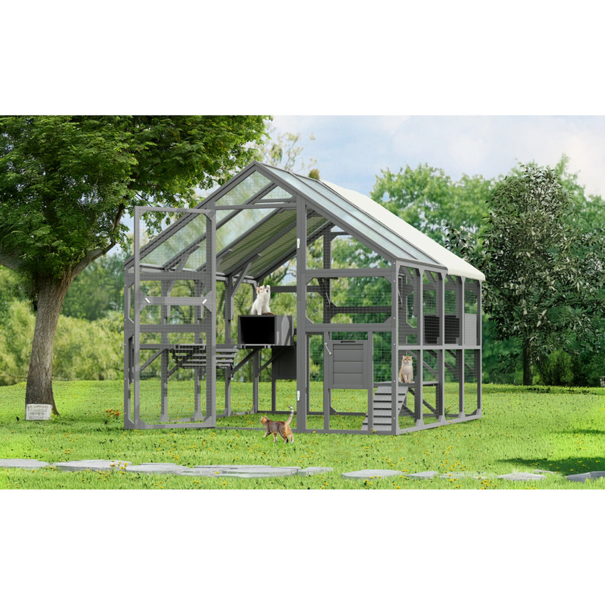 Roomfitters Large Catio Outdoor Cat Enclosure Wooden Cat House with 7 Platforms 2 Resting Boxes and Bridge Gray Roomfitters
