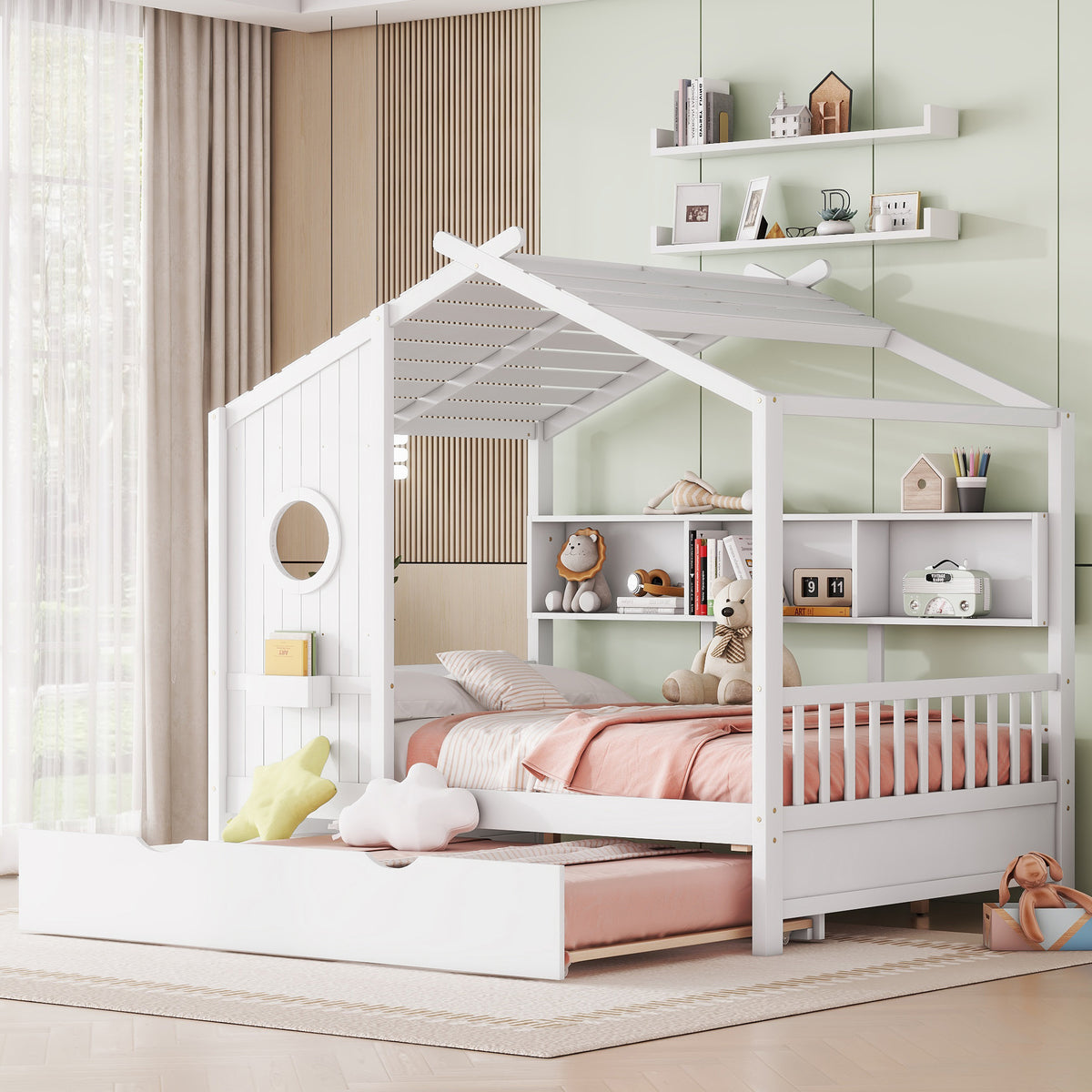 variant-group:rf-n733s316125k|Roomfitters Wooden Full Size House Bed with Trundle and Storage Shelf, White