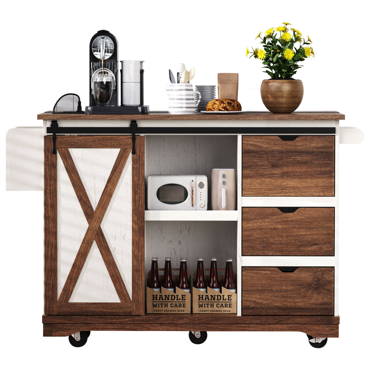 variant-group:rf-n707p288229w|Roomfitters 55.5" Rolling Kitchen Island with Drop Leaf, Mobile Kitchen Storage Cart with Sliding Barn Door, Power Outlets, White