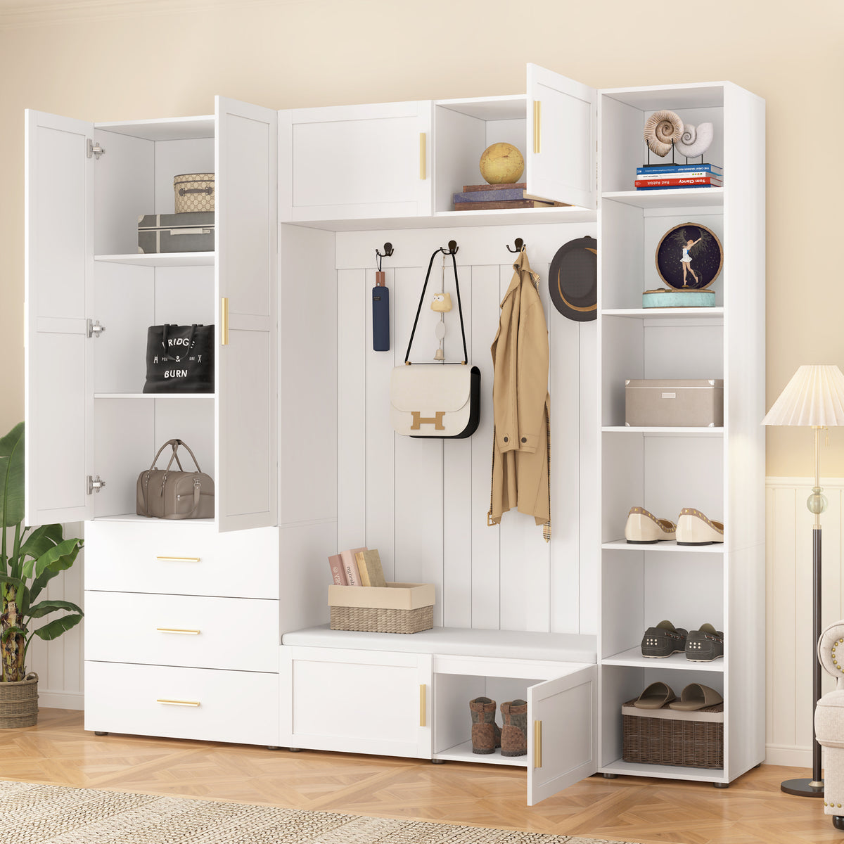 variant-group:rf-n724sj000167aak|Roomfitters American Style Extra-Wide Hall Tree with Padded Cushion Seat, Ancient White