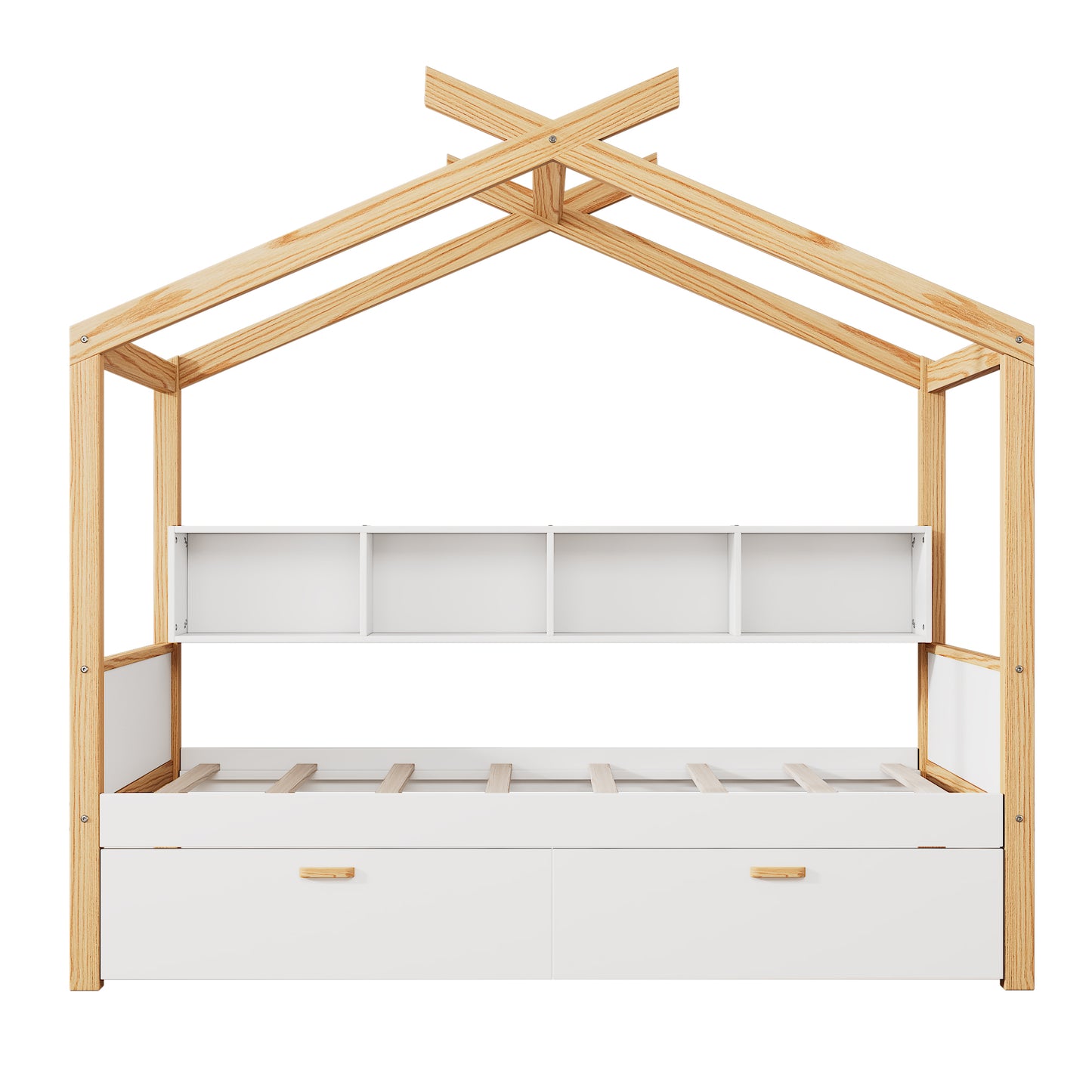 variant-group:rf-n701p443466k|Roomfitters Twin Size Wooden House Bed Frame with 2 Drawers, Bookshelf Storage Furniture, No Box Spring, White Natural