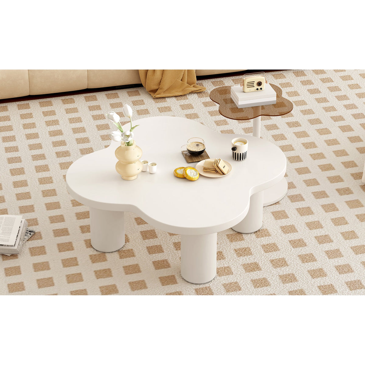 Roomfitters Modern Coffee Table Set of 2 with Irregular Shape and Glass End Table, Roman Column Legs, White Roomfitters
