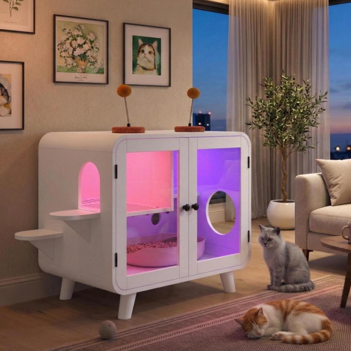 variant-group:rf-n704p419240k|Roomfitters Retro TV-Style Hidden Cat Litter Box Enclosure with App Controlled RGB LED Lights and Stairs White