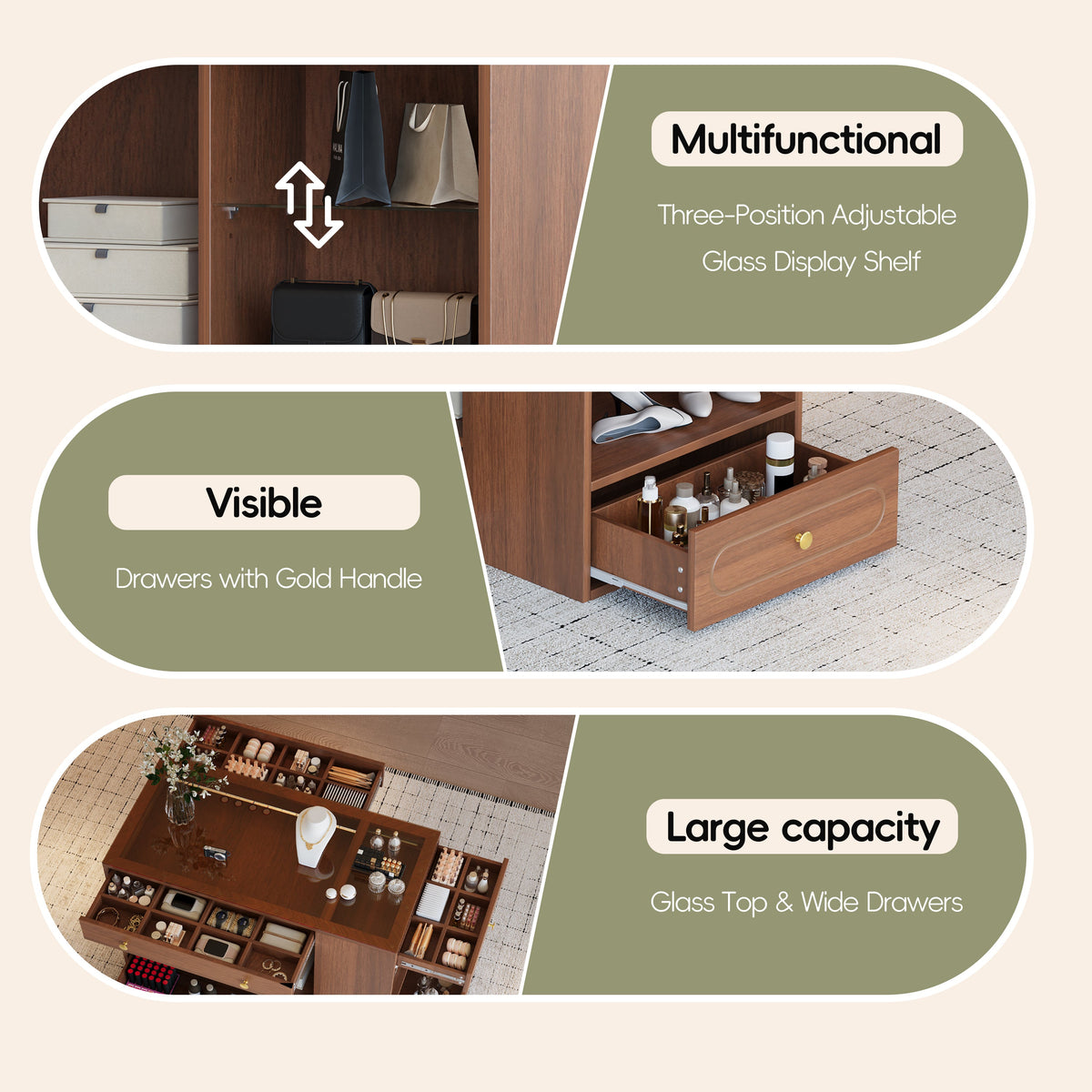Roomfitters Closet Island with 6 Drawers, Glass Display Top and Open Shelves, Wardrobe Storage and Jewelry Vanity, Walnut