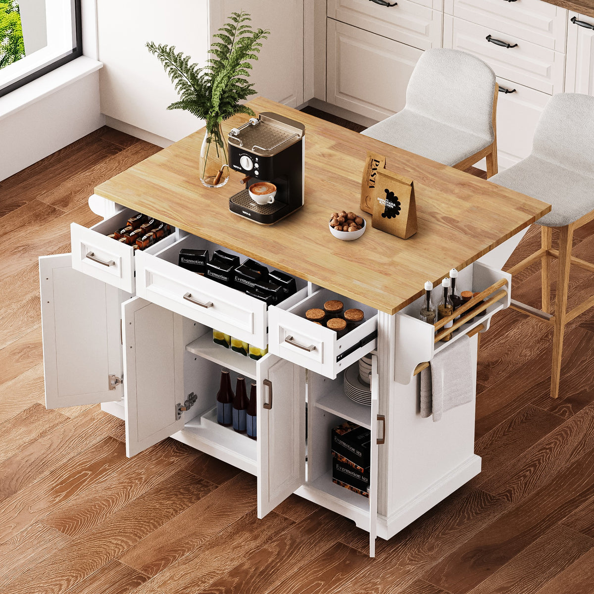 variant-group:rf-n707s195395w|Roomfitters 54" Kitchen Island with Wood Top, Rolling Storage Cabinet with 3 Drawers and 3 Doors, Spice Rack, White