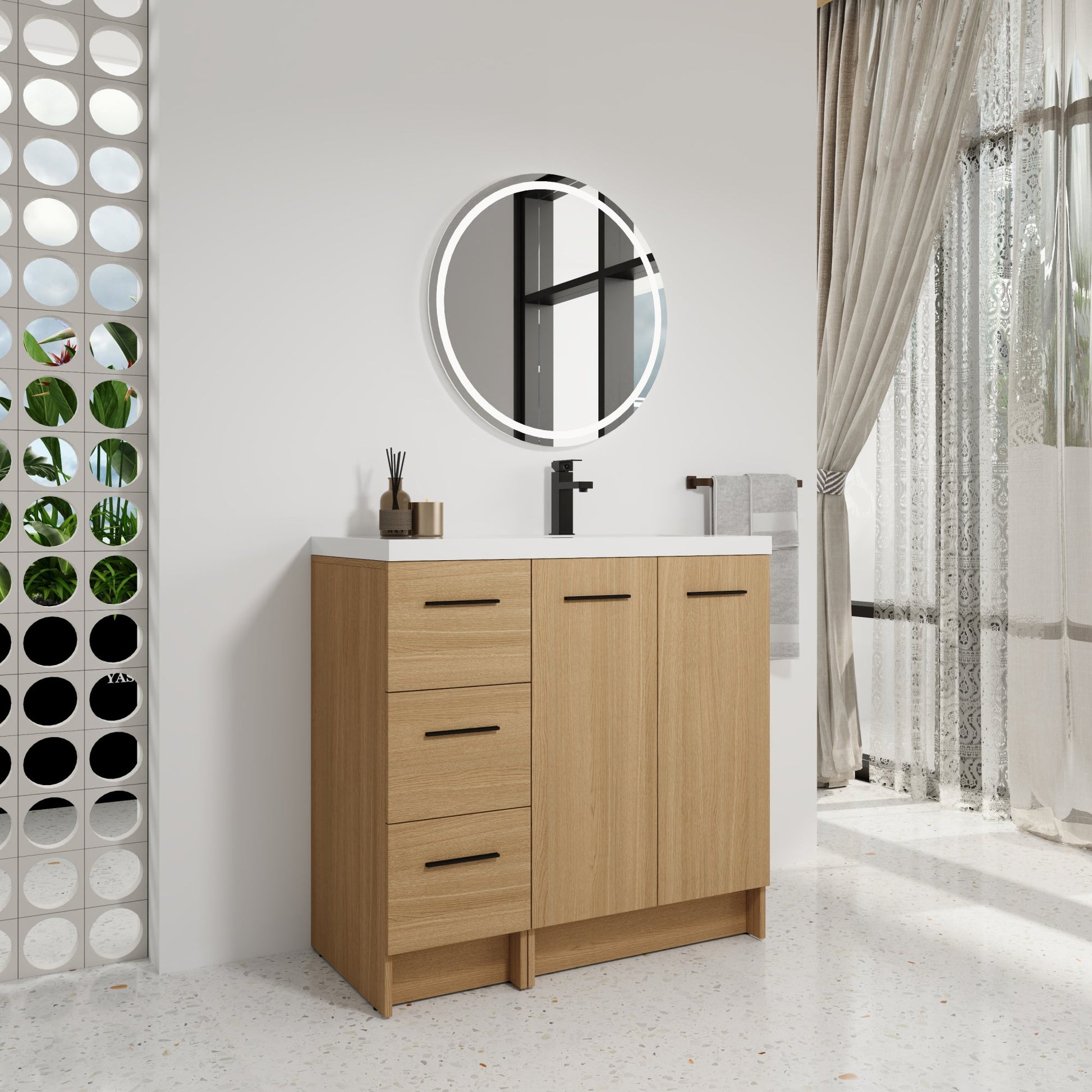 36" Modular Freestanding Bathroom Vanity with 36" Resin Sink Top, Light Oak, 2-Piece Cabinet (24" 2-Door + 12" 3-Drawer), KD Cabinet, Includes Black & Brushed Aluminum Handles Roomfitters