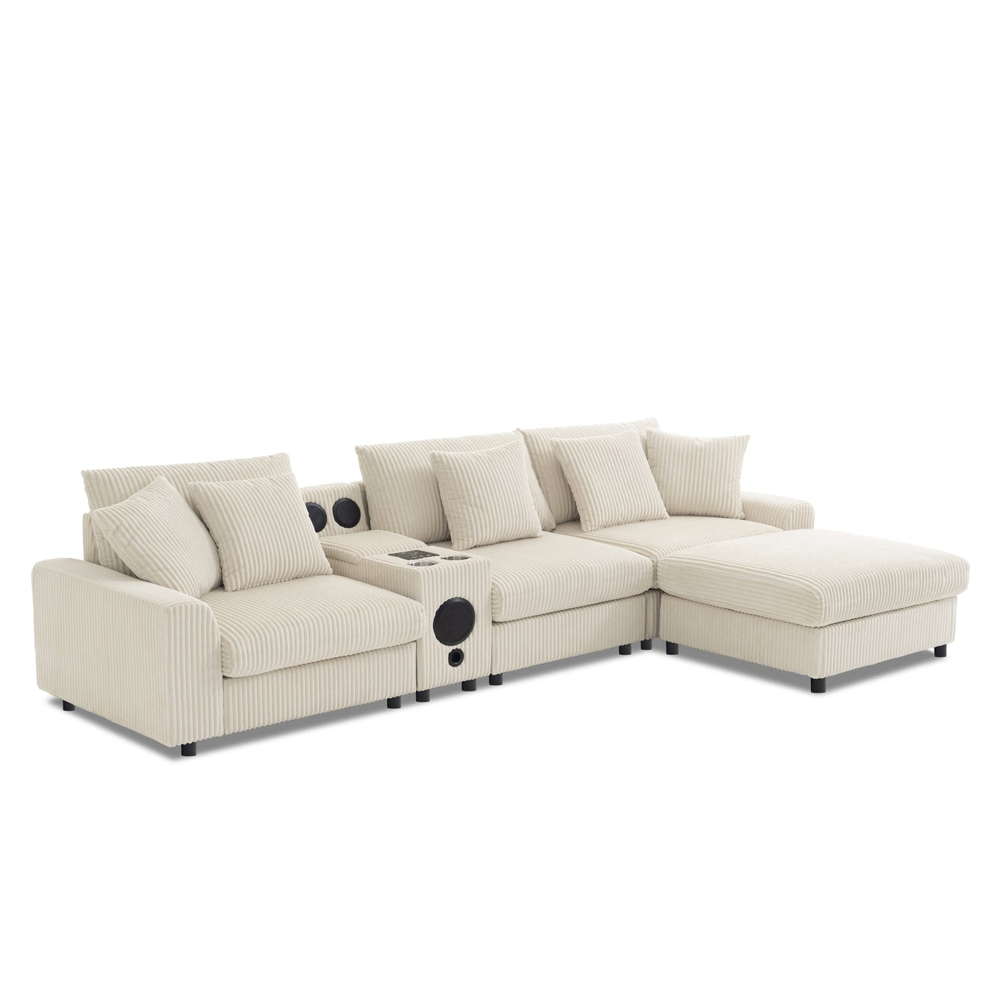 Roomfitters 112 Inch L-Shaped Modular Sectional Sofa with Bluetooth Speaker, Console and Cup Holders for Home, Cream Roomfitters