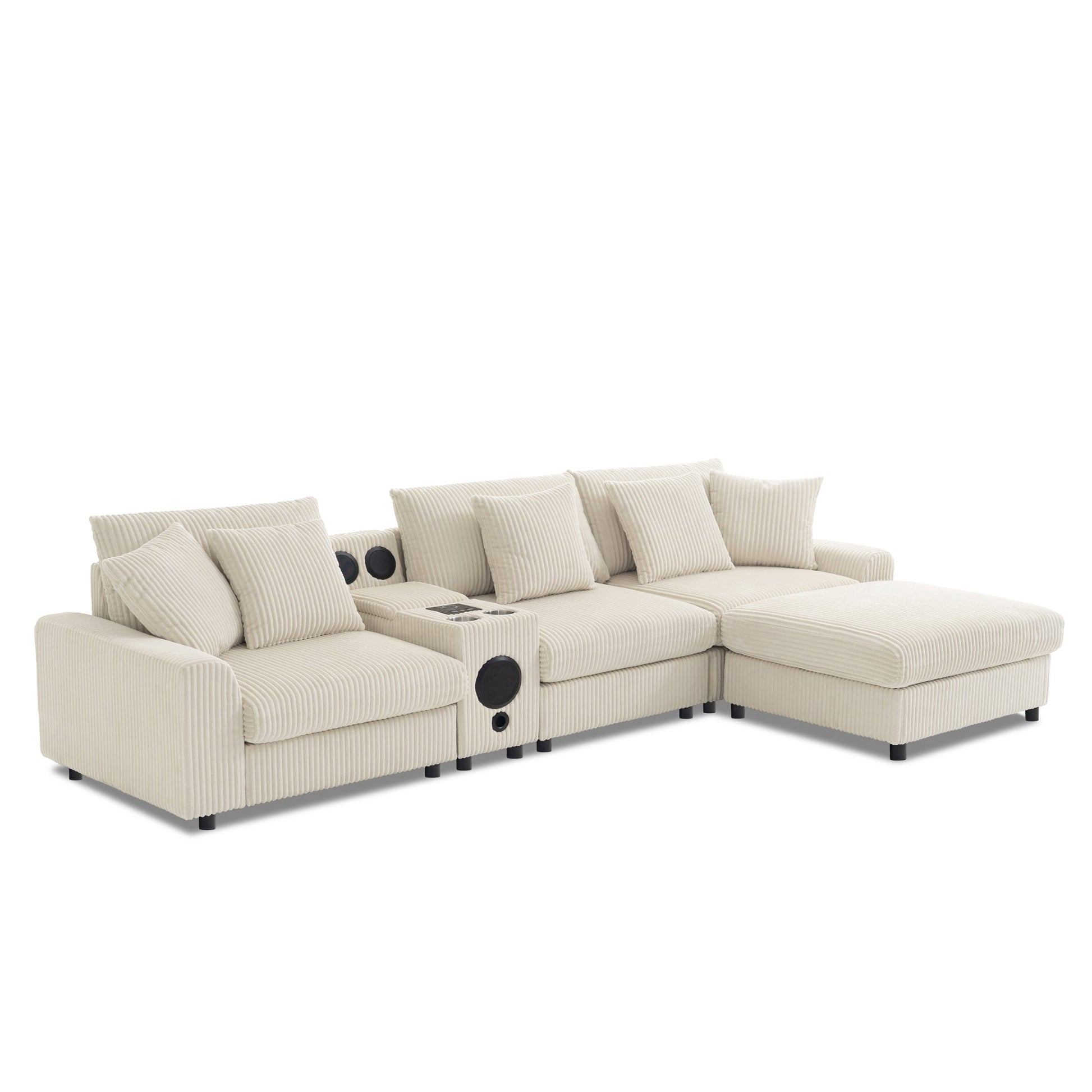 Roomfitters 112 Inch L-Shaped Modular Sectional Sofa with Bluetooth Speaker, Console and Cup Holders for Home, Cream Roomfitters