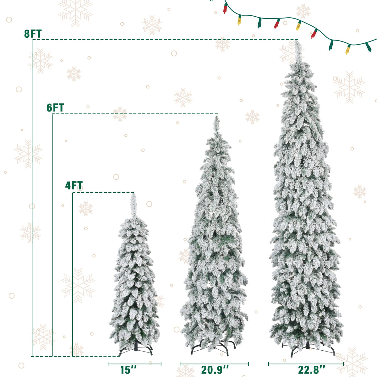 Roomfitters Pre-Lit Pencil Christmas Tree Set 8FT 6FT 4FT, Slim Snow-Flocked Artificial Trees with 1455 Tips, White Roomfitters