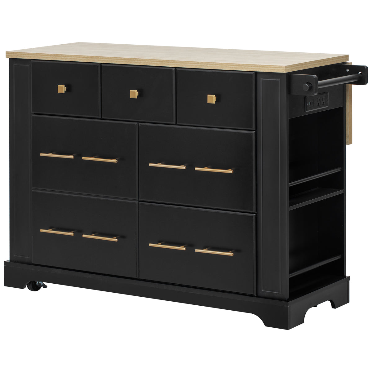 variant-group:rf-n707s307292b|Roomfitters 51" Kitchen Island with Power Outlet and Drop Leaf, Rolling Cabinet with Pull-Out Trash Can Drawer, Black